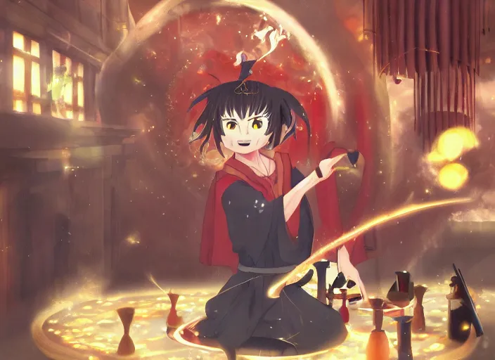 Image similar to magician performing a ritual, anime fantasy illustration by tomoyuki yamasaki, kyoto studio, madhouse, ufotable, trending on artstation