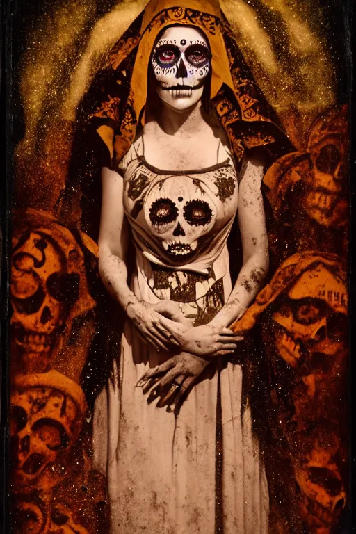 Prompt: calotype, tintype, virgin mary in dia de muertos dress and make up, horrific beautiful vibe, evocative, atmospheric lighting, painted, intricate, highly detailed, leesha hannigan, wayne haag, reyna rochin, ignacio fernandez rios, mark ryden, iris van herpen, stunning, gorgeous, sharp focus, cinematic, masterpiece