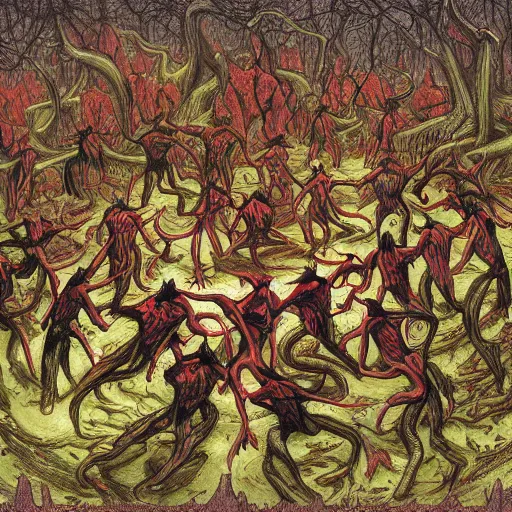 Image similar to crouching demons forming a circle in the woods, by Dan Seagrave and by Dan Witz, glossy digital painting, 8k resolution