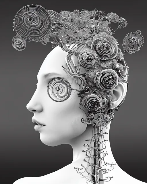 Prompt: mythical dreamy black and white organic bio-mechanical spinal ribbed profile face portrait detail of translucent steampunk beautiful female angelic-human-queen-vegetal-cyborg, highly detailed, intricate trnaslucent ivy jelly ornate, poetic, translucent roses ornate, 3D render, digital art, octane render, 8K artistic photography, photo-realistic, by Dora Maar