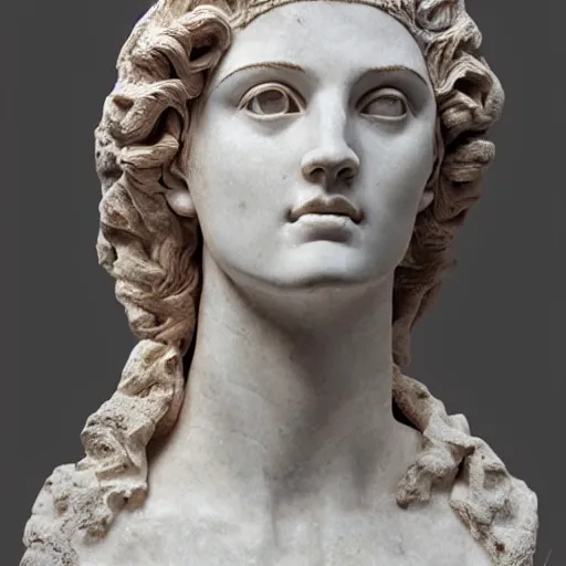 Prompt: most aesthetic marble sculpture of Helen of troy, realistic, atmospheric lighting, masterpiece, extremely detailed