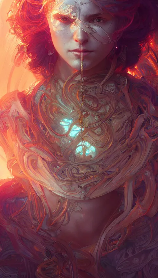 Prompt: sacrifice, neon, fibonacci, sweat drops, insane, intricate, highly detailed, digital painting, artstation, concept art, smooth, sharp focus, illustration, Unreal Engine 5, 8K, art by artgerm and greg rutkowski and alphonse mucha