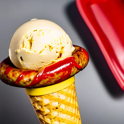 Image similar to commercial photo of a sausage ice cream, mustard, ketchup,