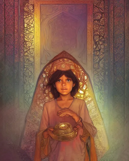 Image similar to a bedouin child infront of an big open quran highly detailed, gold filigree, romantic storybook fantasy, soft cinematic lighting, award, disney concept art watercolor illustration by mandy jurgens and alphonse mucha and alena aenami, pastel color palette, featured on artstation