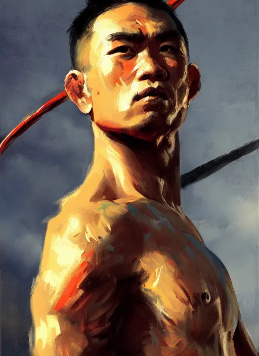 Image similar to greg manchess side portrait of a filipino mma fighter struck by a sword, organic painting, sunny day, matte painting, bold shapes, hard edges, street art, trending on artstation, by huang guangjian, gil elvgren, ruan jia, randy vargas, greg rutkowski