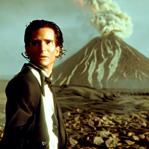 Image similar to film still of patrick bateman at mount doom in the return of the king, hd 4 k lord of the rings remaster director's cut