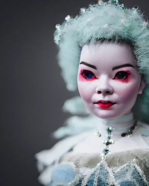 Image similar to high quality presentation photo of bjork as a porcelain doll, photography 4k, f1.8 anamorphic, bokeh, 4k, Canon, Nikon