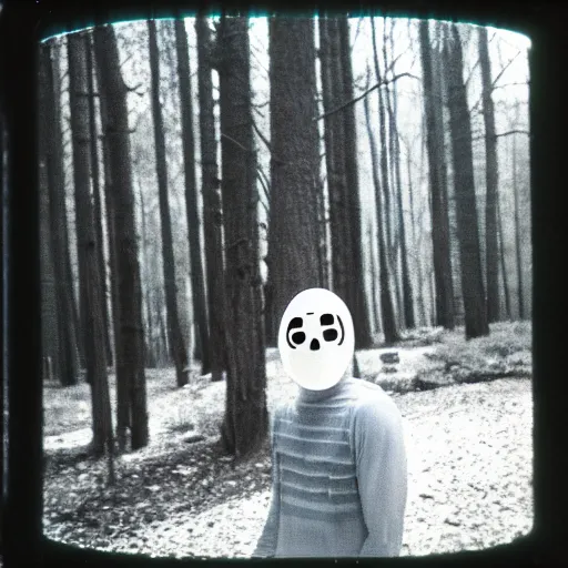 Image similar to man wearing a ghost face mask in the woods, 8 0 s, polaroid, disposable film, 8 mm