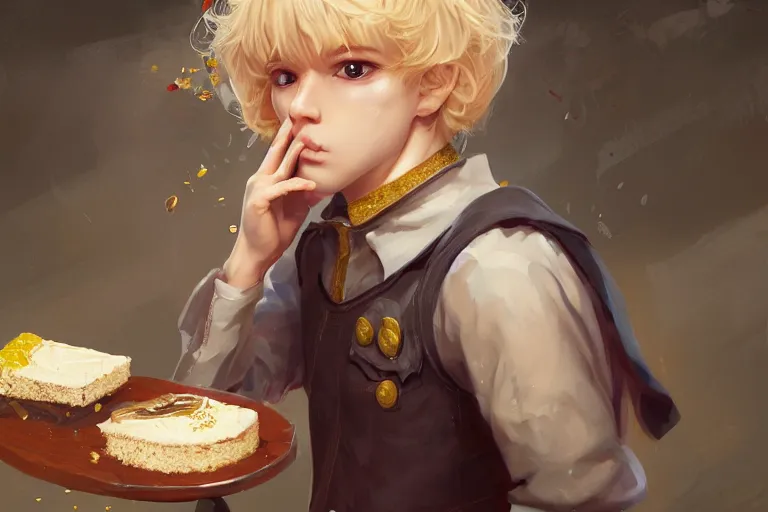 Prompt: Portrait of a Delicate blond male prince Lucius eating the most delicious cake in the world, 4k digital illustration by Artgerm, wlop, James Jean, Andrei Riabovitchev, Marc Simonetti, yoshitaka Amano, Artstation, CGsociety