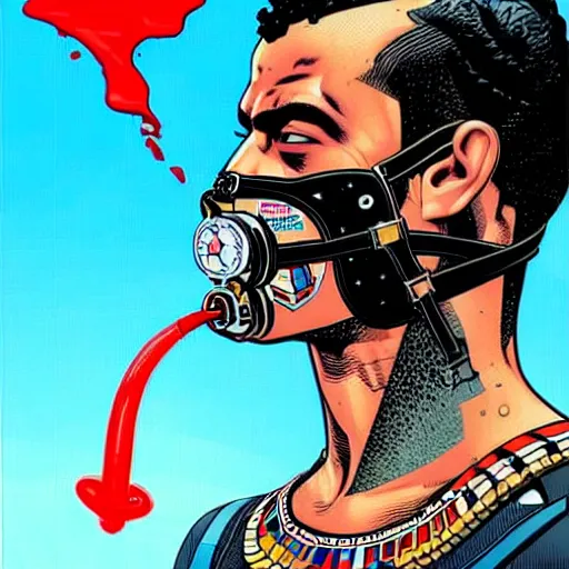 Prompt: a profile photo of a egyptian man with a diving oxygen mask with side profile blood in ocean intricate details by MARVEL comics and Sandra Chevrier-C