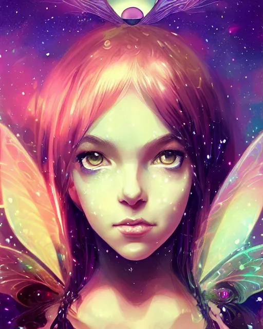 Prompt: a detailed digital art of an attractive!!!! girl with psychedelic! fairy wings sitting under the night sky and holding!! a crystal!! containing all of reality and galaxies, by greg rutkowski artgerm ilya kuvshinov. dramatic lighting, cinematic angle, heavy contrast