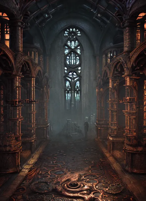 Image similar to steam necropolis, memento mori, gothic, neo - gothic, art nouveau, hyperdetailed copper patina medieval icon, stefan morrell, philippe druillet, ralph mcquarrie, concept art, steampunk, unreal engine, detailed intricate environment, octane render, moody atmospherics, volumetric lighting, ultrasharp, ominous, otherworldly