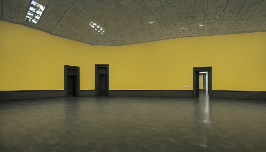 Prompt: 60s movie still of a sovietic stalinist style empty art museum with a soviet congress with yellow wall, by revolog color, liminal Space style, heavy grain