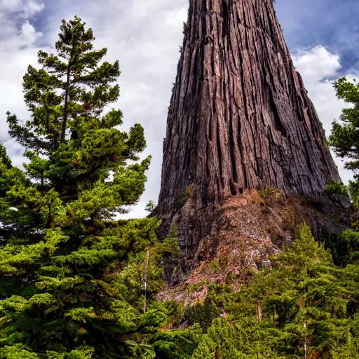 Image similar to A mountain with a giant tree on the top,