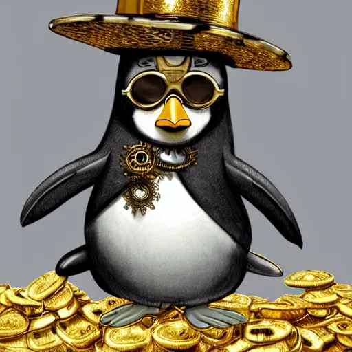 Prompt: anthropomorphized rich penguin capitalist sitting on pile of gold, wearing steampunk top hat, steampunk goggles, happy, concept art, insanely detailed and intricate, hypermaximalist, elegant, ornate, hyper realistic, super detailed, art deco, cinematic, trending on artstation, magic the gathering artwork