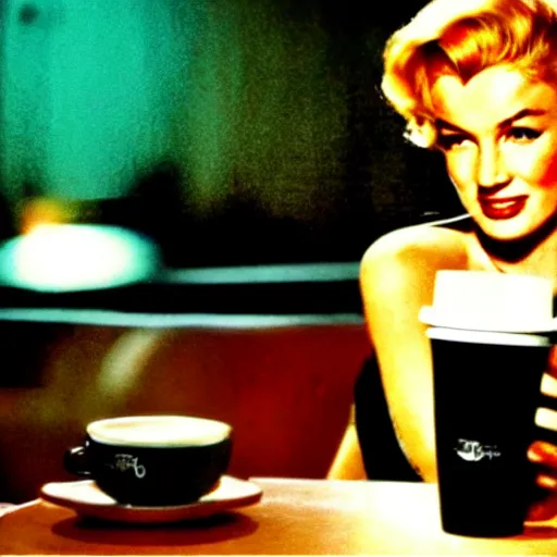 Image similar to a close - up, color cinema film still of a marlin monroe drinking coffee at a starbucks, ambient lighting at night, from matrix ( 1 9 9 9 ).