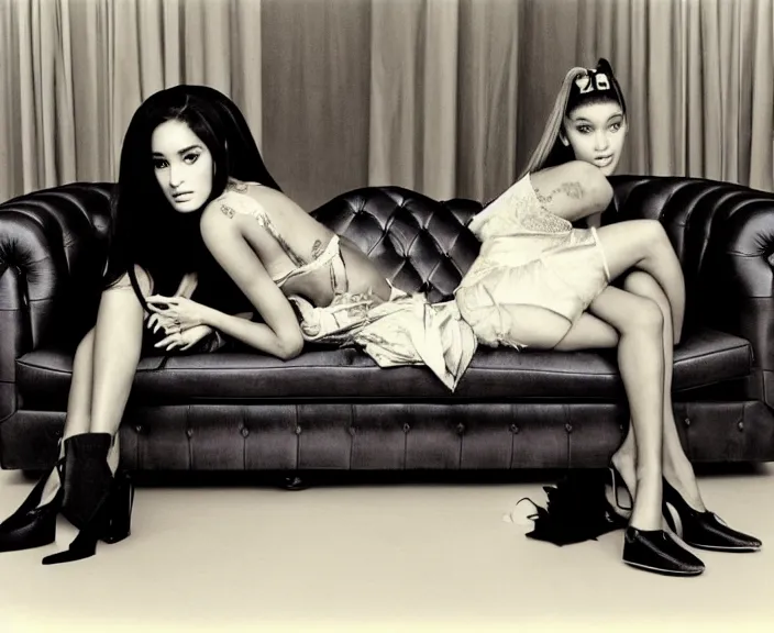 Image similar to award winning photo of Ariana Grande, Megan Fox sitting on a chesterfield lounge mid action, symmetrical, beautiful eyes, wide shot art by Sally Mann & Arnold Newman