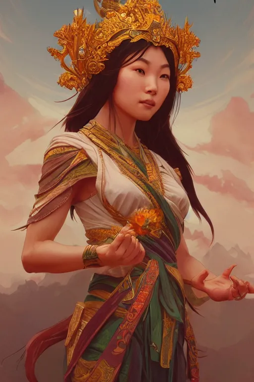 Image similar to asian goddess of nature, accurate anatomy, only two hands, highly detailed, digital painting, artstation, concept art, smooth, sharp focus, illustration, Unreal Engine 5, 8K, art by Ross Tran and greg rutkowski and alphonse Mucha