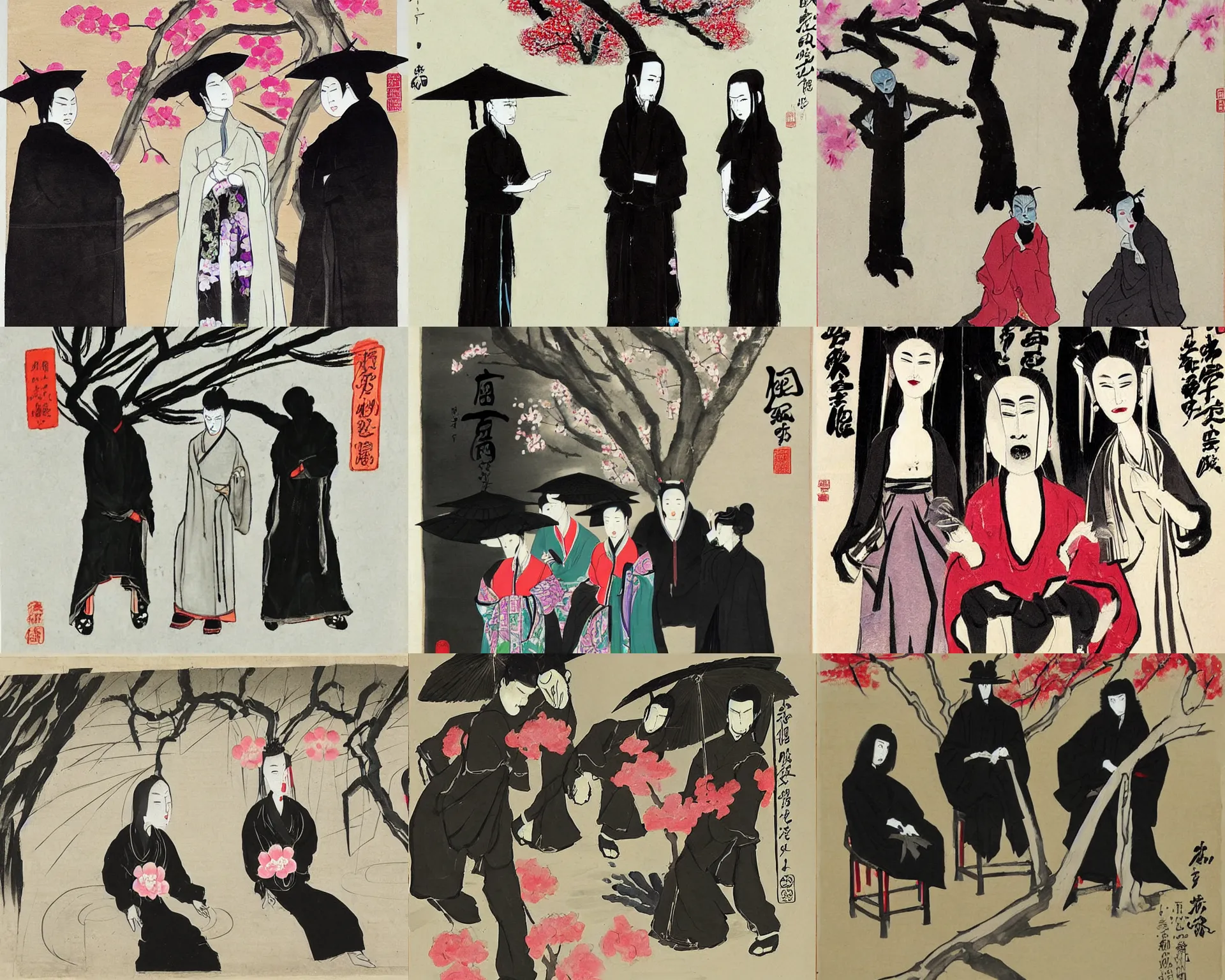 Prompt: art by qi baishi. three goths loitering in the shade, talking beneath a cherry blossom outside a blockbuster video store.