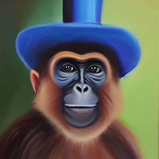 Image similar to a beautiful oil painting of a monkey in a blue top hat , 8k , award winning