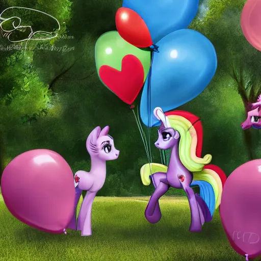 Prompt: (my little pony) giving rides to children at a birthday party in the city park. balloons, cake, presents, crazy, road trip, havoc, 8K, 4K, digital art, cgsociety, realistic photograph