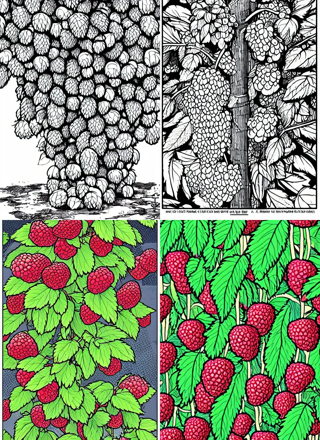 Prompt: a raspberry tree growing oversized hops, fresh and juicy. comic book style. thick lines. drawing. detailed. hq.