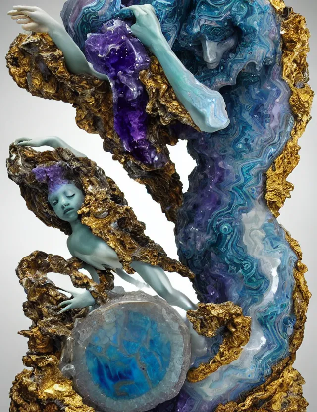 Image similar to a sculpture of a winged child made from blue and emerald and amethyst crystal geode formations with floawing marble water with obsidian base with liquid gold tendrils flowing by ellen jewett by stanisław szukalski, octane render, byzantine, spirals, elestial crystals, geode,