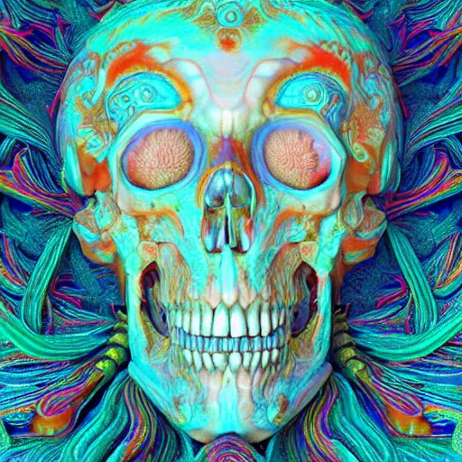 Image similar to a beautiful digital art of a detailed psychedelic coral - carved human skull made from detailed fractal by alberto seveso, jean delville, edmund dulac, jean giraud, vivid colors, octane render, redshift render