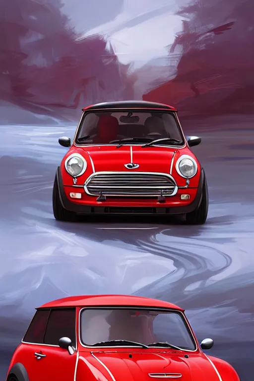 Prompt: Red Mini Cooper car , highly detailed, digital painting, artstation, concept art, smooth, sharp focus, illustration, art by artgerm and alphonse mucha, high definition digital art, in the style of Ross tran and ilya kuvshinov