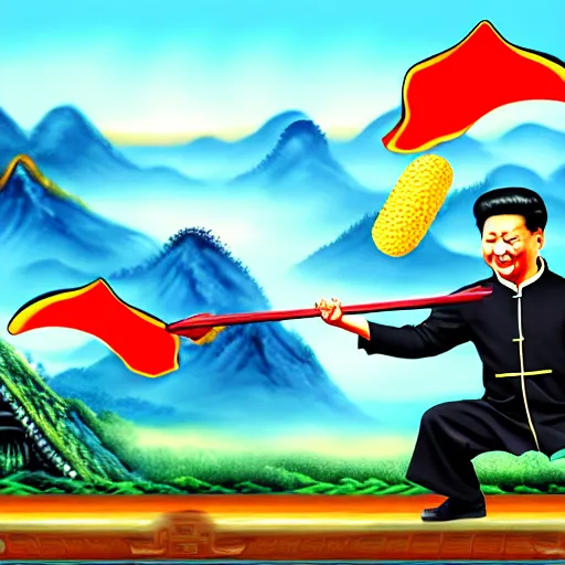 Image similar to Chinese president, battle, bananas weapon, dragon, mountains background, fighting stance, painting