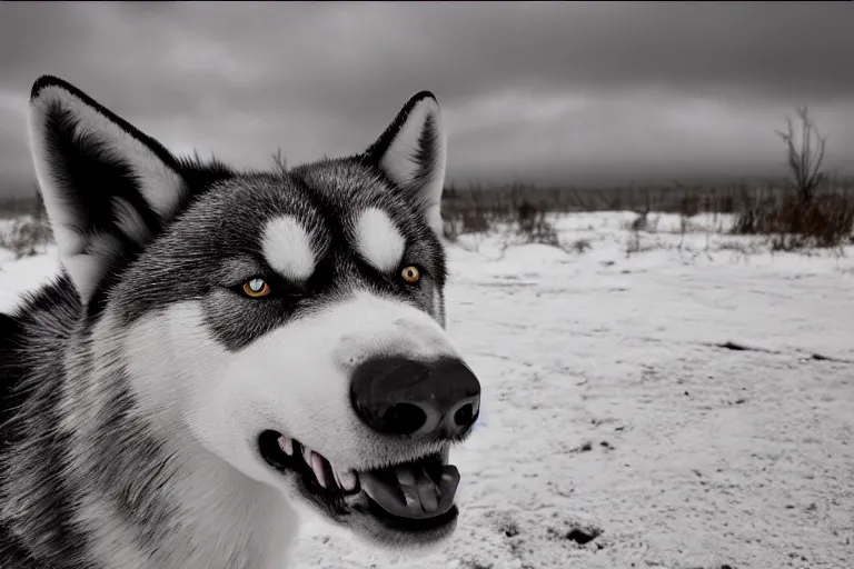 Prompt: a award winning photograph of a very scary! red husky, drooling, looking away from the camera. distinct red eyes clearly visible. the whole husky is visible in frame. anatomically correct husky. polar setting, red horror eyes, wasteland background, ominous sky. octane render, extreme detail, 8 k