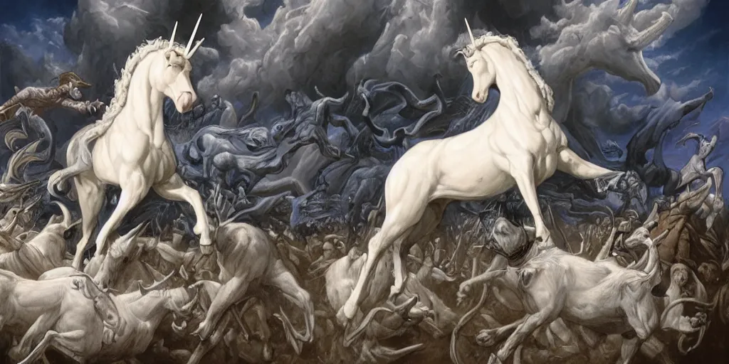 Image similar to the sacrifice of the white unicorn, fighting, struggling by gerald brom