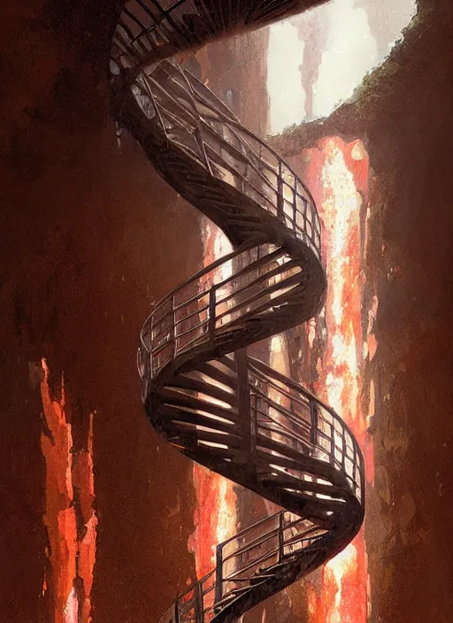 Prompt: spiral staircase leading to a river of lava pouring out of my eyes, masterpiece, amazingly rendered, subtle glows, balanced, painted by greg rutkowski, wlop, artgerm, japanese influence,