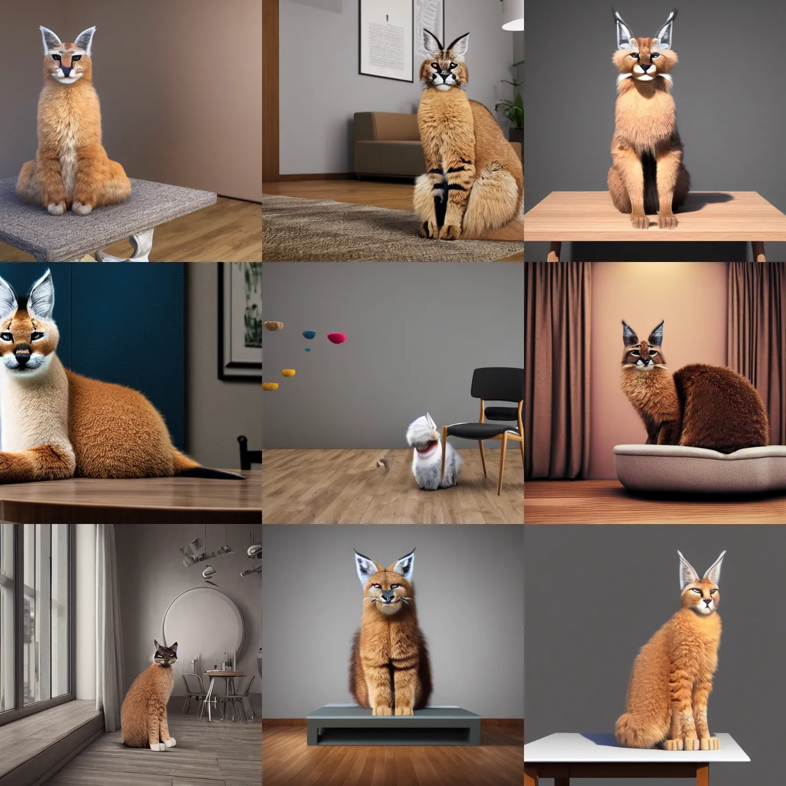Prompt: wide-angle photo of fluffy cute caracal sitting on a chair near a table in a room, floating Speech balloons (also speech bubbles, dialogue balloons, or word balloons), octane render, 3d, 8k , hd, studio light