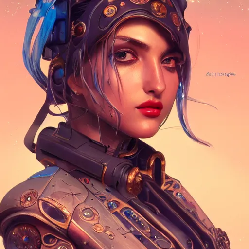 Image similar to portrait futuristic ana de armas steampunk half - cyborg cowgirl, neon light rooftop, fantasy, intricate and very very beautiful and elegant, highly detailed, digital painting, artstation, concept art, smooth and sharp focus, illustration, art by tan zi and ayanamikodon and alphonse mucha and wlop