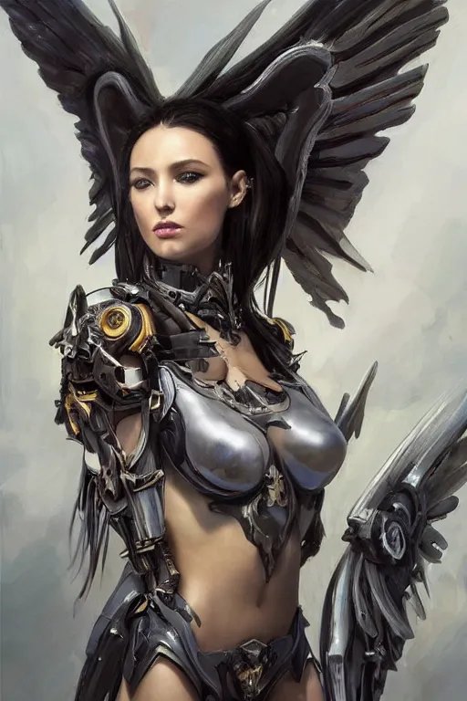 Image similar to a professional painting of a beautiful fallenangel mech woman, warhammer style , olive skin, long dark hair, beautiful bone structure, symmetrical facial features, intricate, elegant, digital painting, concept art, smooth, sharp focus, illustration, from Metal Gear, by Ruan Jia and Mandy Jurgens and Artgerm and William-Adolphe Bouguerea