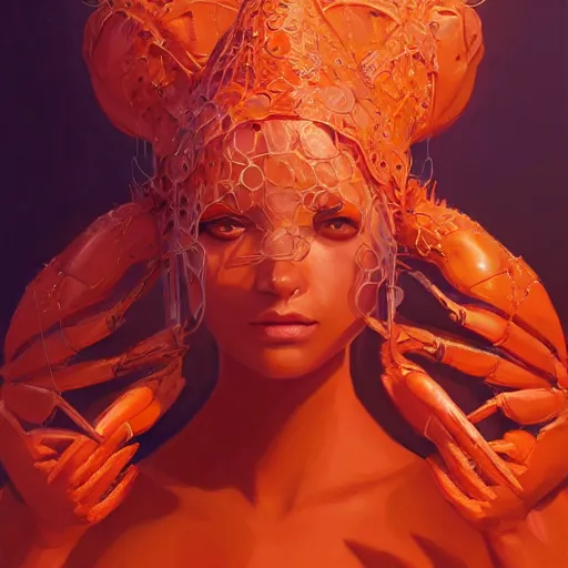 Prompt: portrait of an elegant orange queen with lobster hands, intricate, elegant, highly detailed, digital painting, artstation, concept art, smooth, sharp focus, illustration, art by artgerm and greg rutkowski and jpark