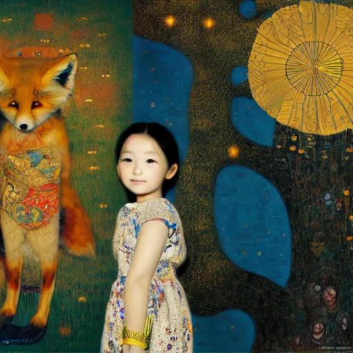 Prompt: girl Japanese child in front of a gustav klimt wallpaper by android jones, detailed matte painting, 8k resolution with a pet fox