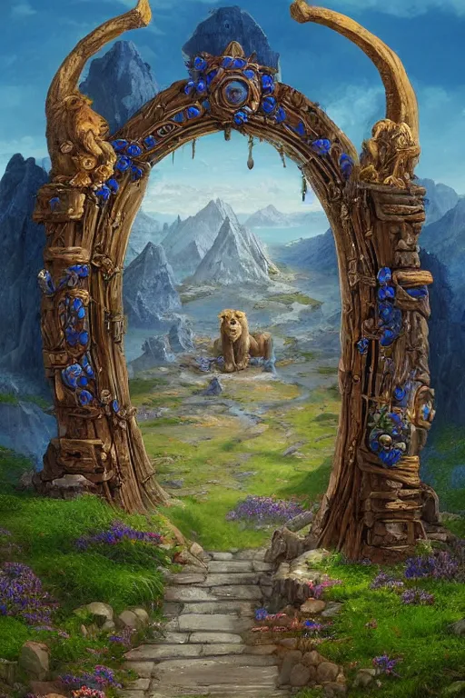 Image similar to A giant medieval fantasy blue energy portal gate with a rusty gold carved lion face at the center of it, the portal takes you to another world, full of colorful flowers on the lost Vibes and mountains in the background, spring, delicate fog, sea breeze rises in the air, by andreas rocha and john howe, and Martin Johnson Heade, featured on artstation, featured on behance, golden ratio, ultrawide angle, f32, well composed, rule of thirds, center spotlight, low angle view