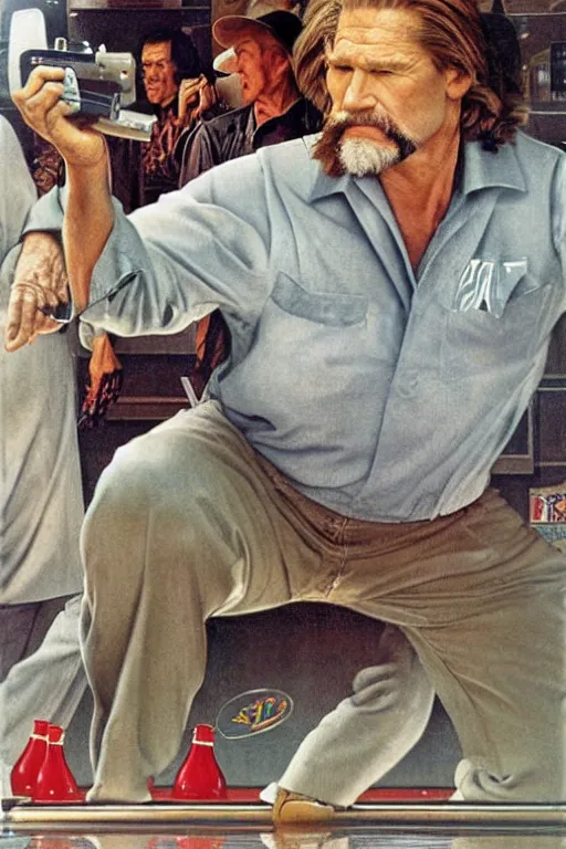 Image similar to Jeff Bridges from the movie The big Lebowski playing bowling painted by Norman Rockwell