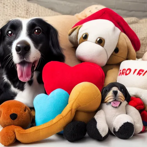 Image similar to dogs surrounded by cuddly toys and love hearts