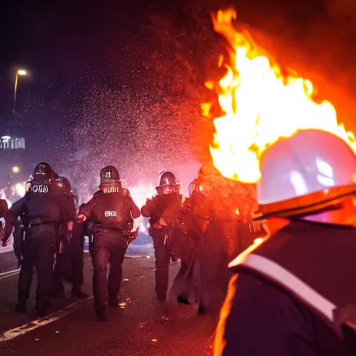 Prompt: portrait of a policeman head on fire during a riot, centered, at night ,editorial photography