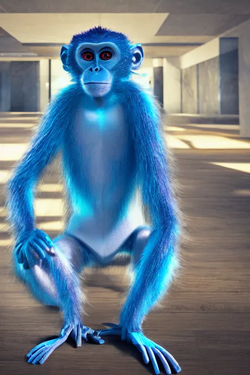 Image similar to Photography of ultra mega super hyper realistic detailed monkey in cyberpunk suits by Hiromasa Ogura . Photo shot from 30m distance on ultra mega super hyper Leica Q2 Camera, Rendered in VRAY and DaVinci Resolve and MAXWELL and LUMION 3D, Volumetric cyan gold natural light