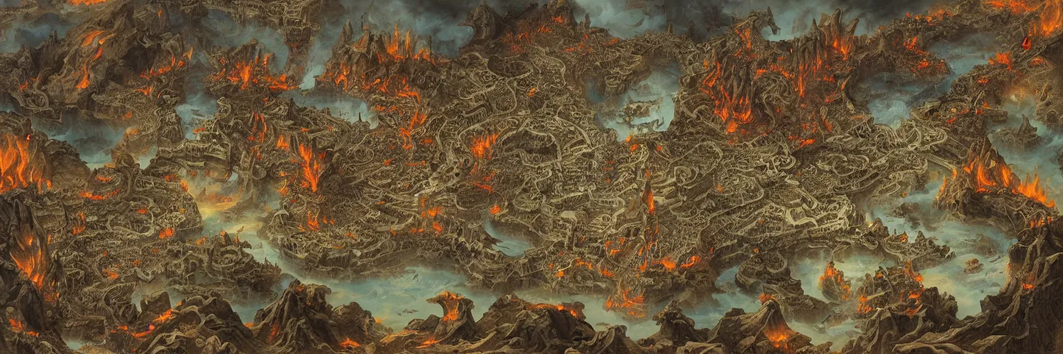 Prompt: intricate detailed ancient map of the regions of hell and the dimensions of the damned, inferno flames demons daemons purgatory limbo, technical cartography with annotations and notes in the margins, by andreas rocha and peter mohrbacher