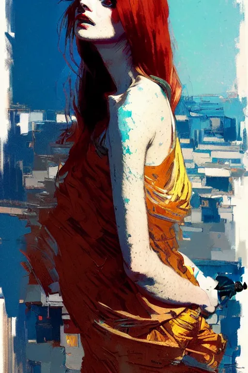 Image similar to portrait of a beautiful girl, redhead, shades of blue, beautiful face, rule of thirds, intricate outfit, spotlight, by greg rutkowski, by jeremy mann, by francoise nielly, by van gogh, digital painting