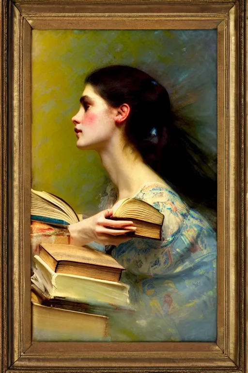 Prompt: soft colorsphotograph imax and solomon joseph solomon and richard schmid and jeremy lipking victorian loose genre loose painting full stack of books, bookish, book lover, bookshop