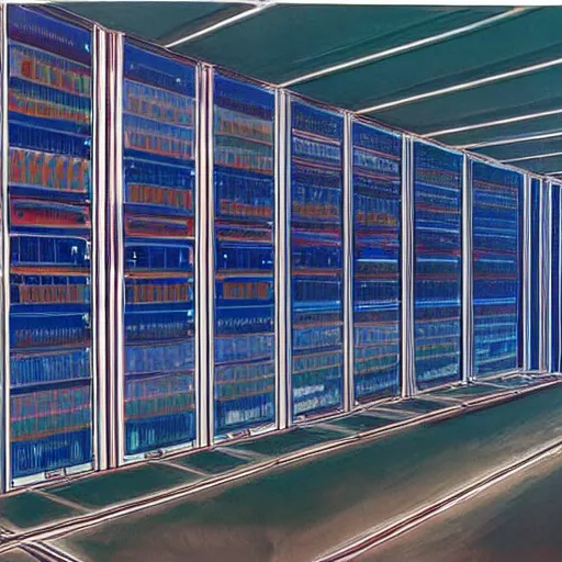 Prompt: a painting by Wayne Thiebaud inside of a high end data center that's on fire!!!!!!! by Wayne Thiebaud