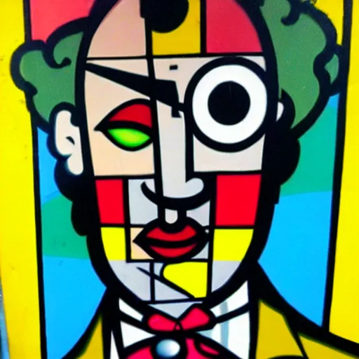 Prompt: graffiti of man with one eye in the style of romero britto