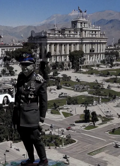 Image similar to pinochet as a cyborg wearing military clothes with la moneda palace in the background and planes furrowing