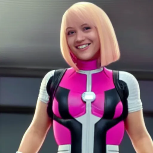 Image similar to A still of Gwenpool in Deadpool 3 (2023), blonde hair with pink highlights, no mask, white and light-pink outfit, smiling and winking at the camera, comics accurate design